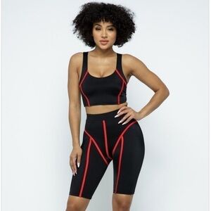 Biker Set. Contrast binding crop tank and biker shorts set. Black and red. Small